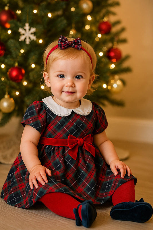 Vestitino in tessuto tartan con colletto tondo in tela di cotone con fiocco e maniche a sbuffo