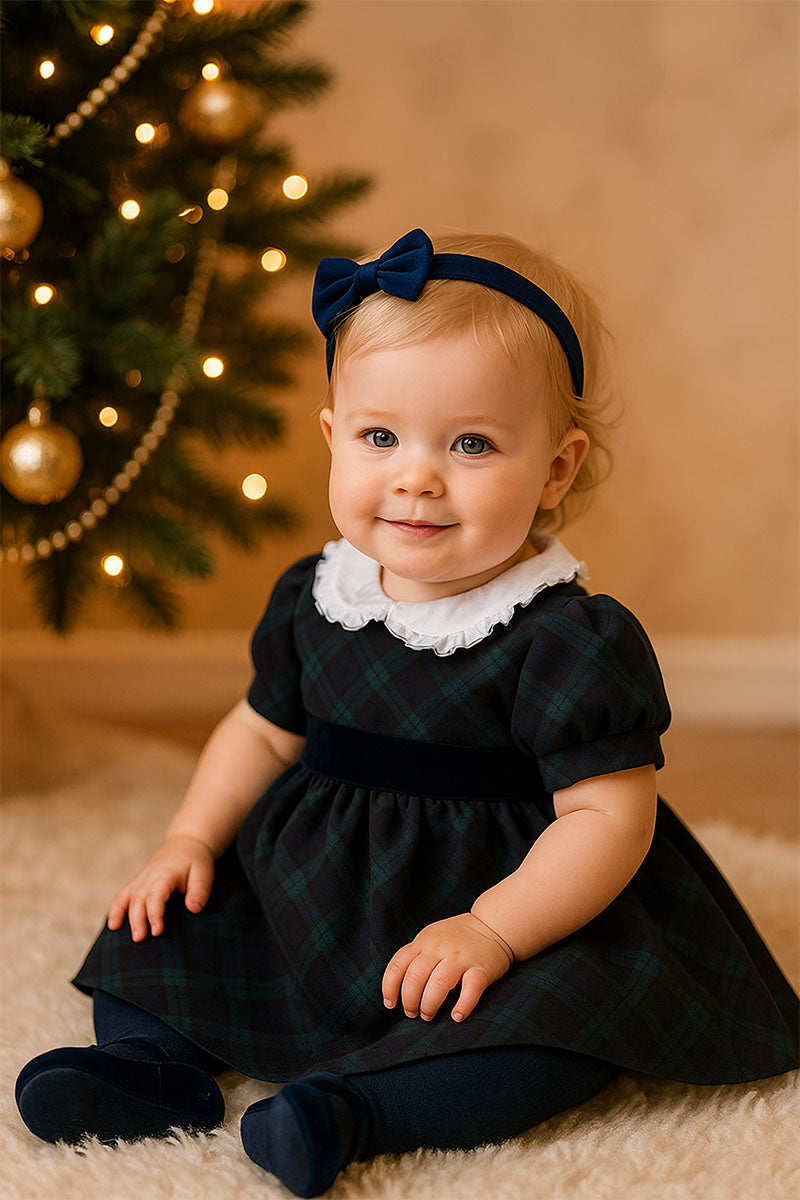 Vestitino in tessuto tartan con colletto tondo in tela di cotone con fiocco e maniche a sbuffo