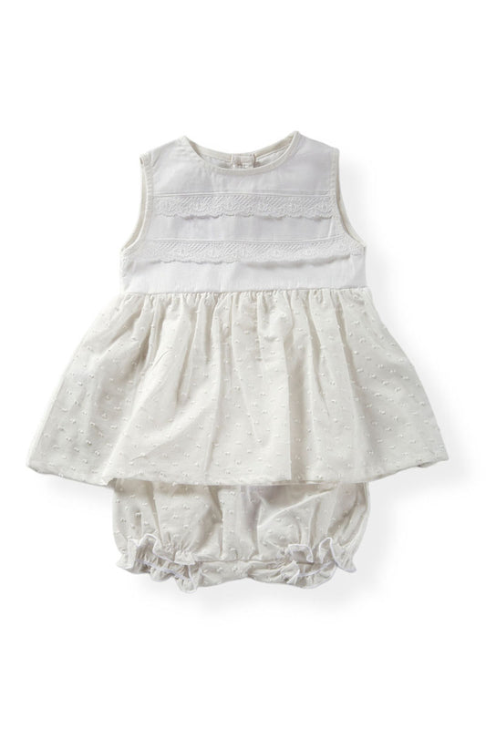 Completo 2 pezzi in tela di cotone con pizzo applicato, inserto in tela di cotone plumetis