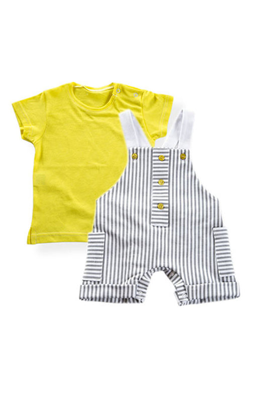 Completo 2 pezzi: T-shirt e salopette in cotone rigato con tasche fenda e risvolti sul fondo