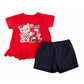 Completo 2 pezzi t-shirt mezza manica in cotone elasticizzato con stampa e balza + pantaloncino in contrasto