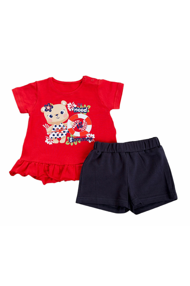 Completo 2 pezzi t-shirt mezza manica in cotone elasticizzato con stampa e balza + pantaloncino in contrasto