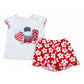 Completo 2 pezzi : T-shirt mezza manica in cotone con stampa, maniche a palloncino con profilo in contrasto + pantaloncino fantasia floeale con rouches sul fondo