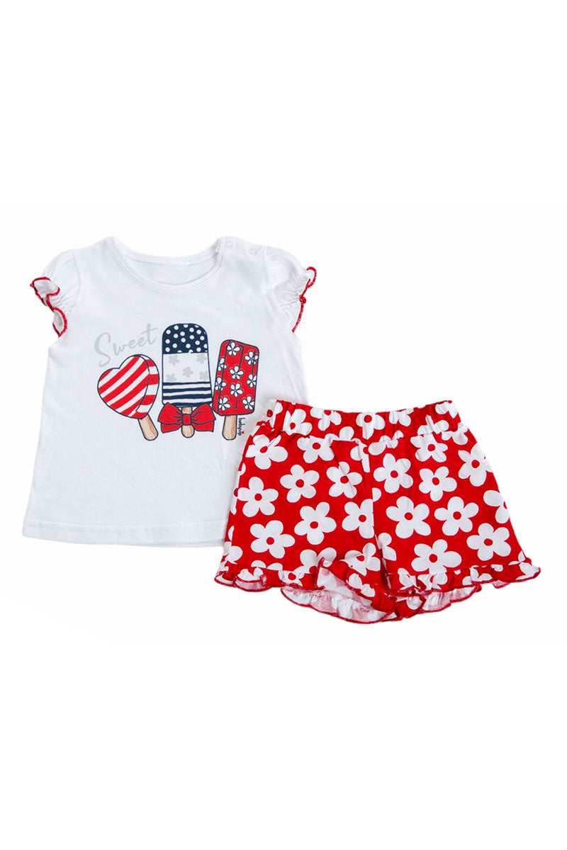 Completo 2 pezzi : T-shirt mezza manica in cotone con stampa, maniche a palloncino con profilo in contrasto + pantaloncino fantasia floeale con rouches sul fondo