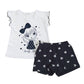 Completo 2 pezzi: t-shirt mezza manica in cotone con stampa, maniche raglan con profilo in contrasto e pantaloncino in cotone elasticizzato fantasia cuori