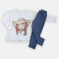 Completo: t-shirt manica lunga in cotone elasticizzato con stampa e leggings in tessuto effetto jeans elasticizzato