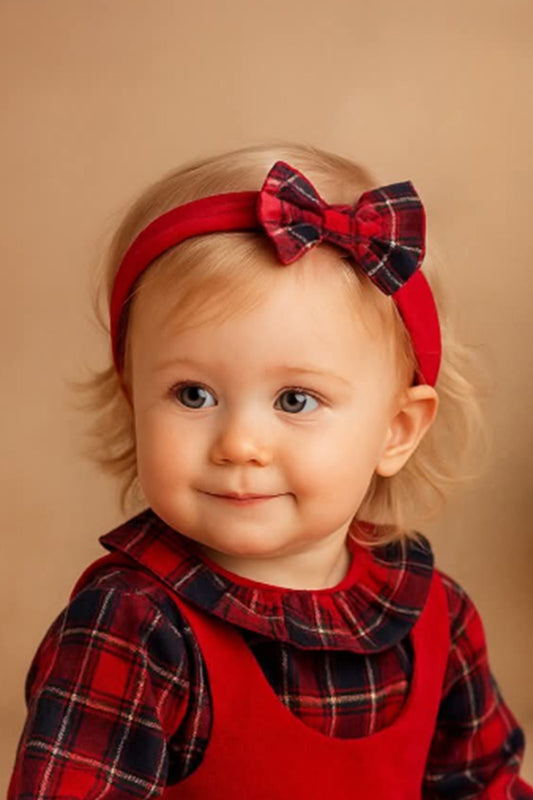 Fascia per capelli in velluto con fiocco tartan ed elastico sul retro