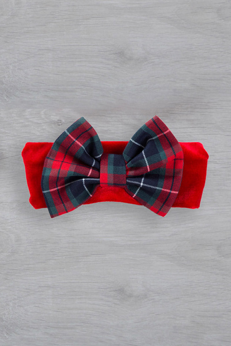 Fascia per capelli in velluto con fiocco tartan ed elastico sul retro