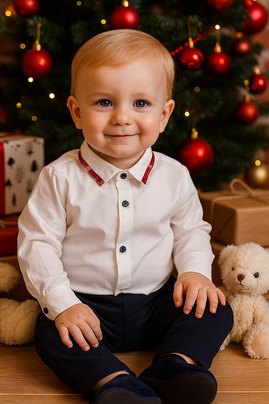 Completo 2 pezzi : body a camicia in flanella con profilo francese + pantalone in velluto millerighe