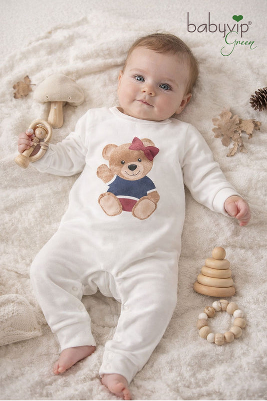 Tutone neonata in felpa organica garzata con stampa orsetta