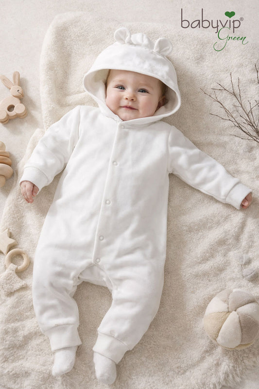 Tutone in felpa organica garzata con cappuccio, orecchie in tessuto e apertura anteriore