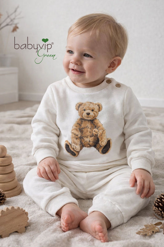 Completo 2 pezzi neonato in felpa organica garzata con stampa orsetto e bottoni su spalla in contrasto