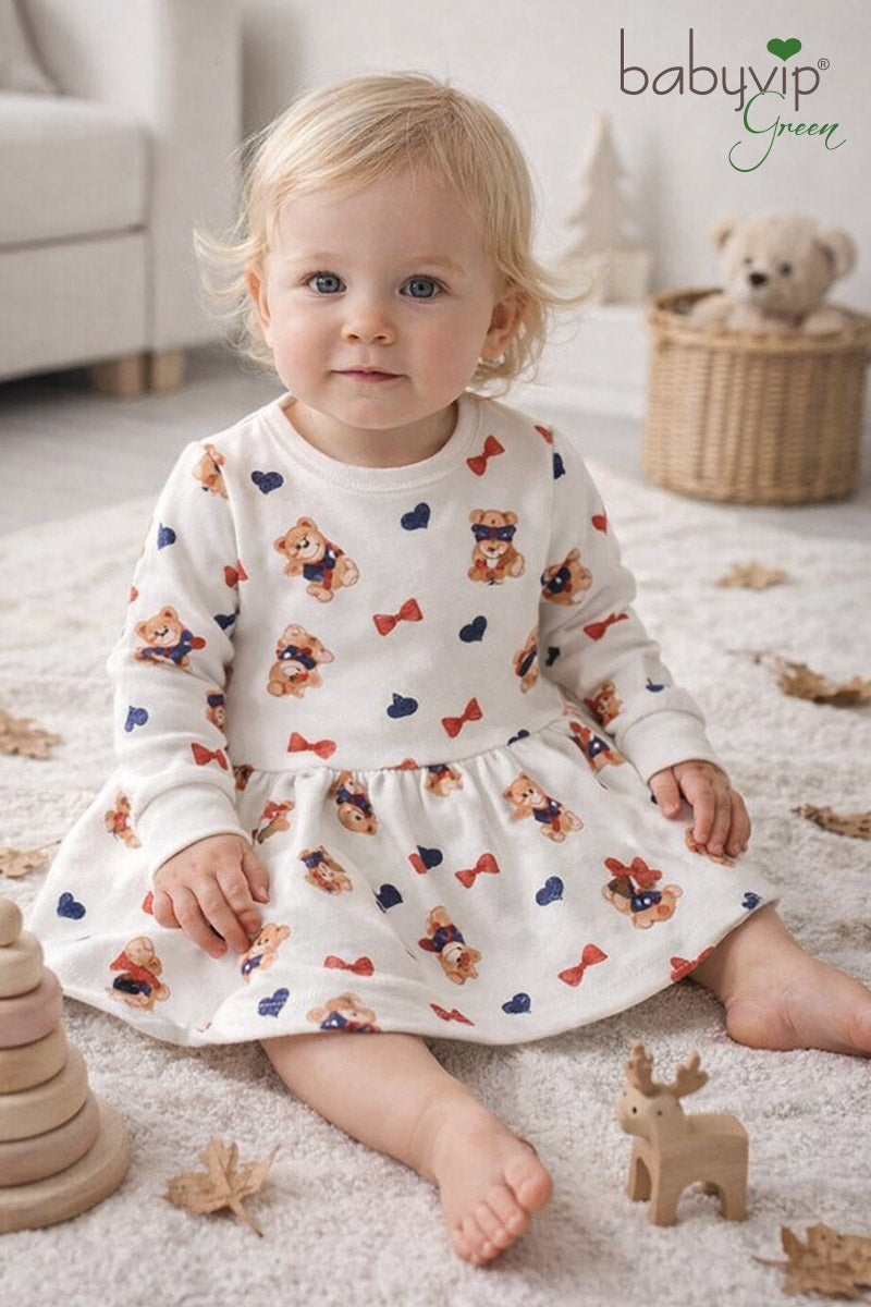 Vestitino neonata in felpa organica garzata fantasia orsetta con taglio e arricciatura