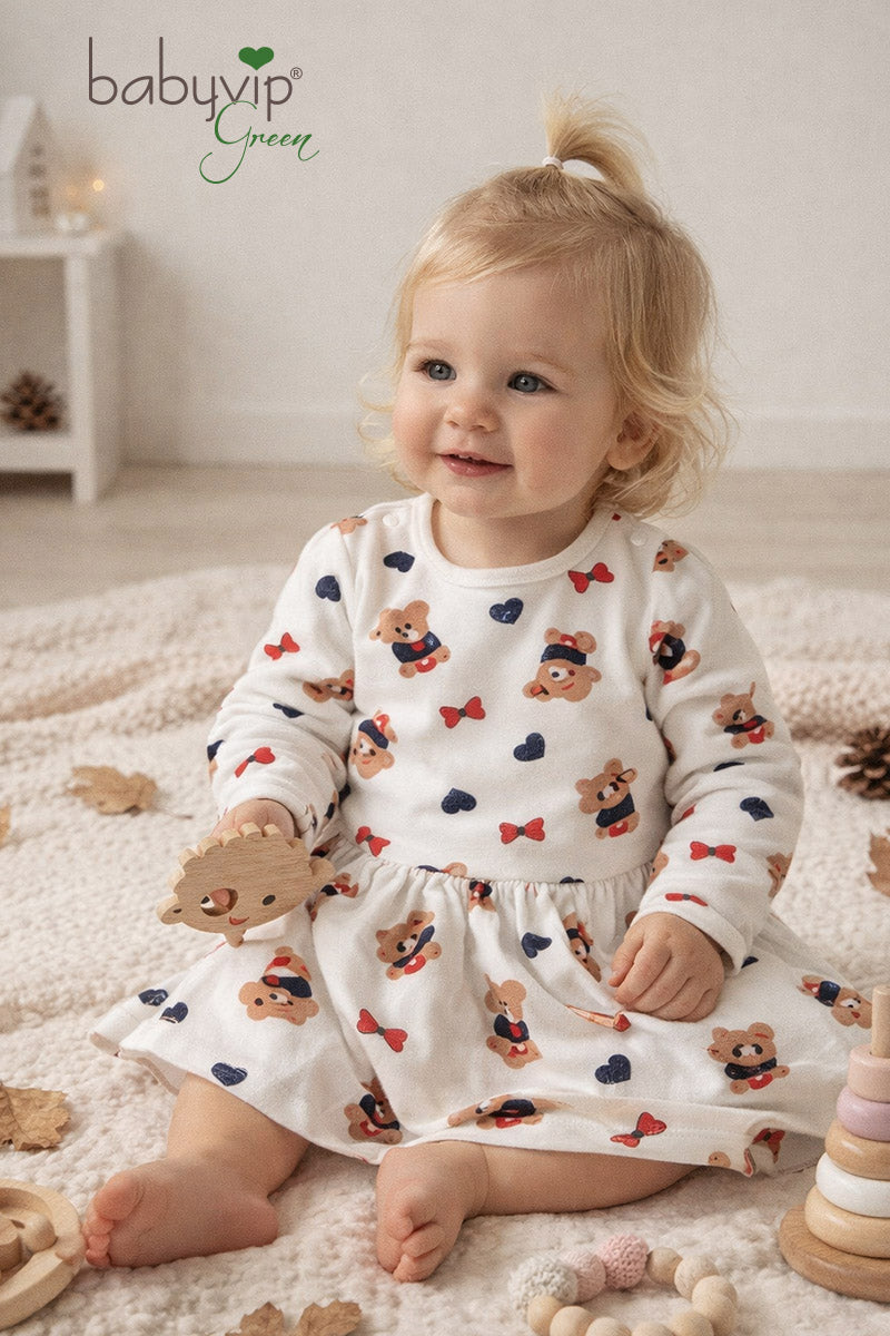 Vestitino neonata in felpa organica garzata fantasia orsetta con taglio e arricciatura