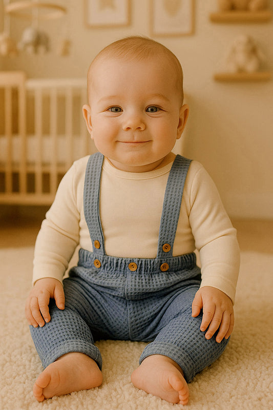 Pantalone con bretelle in cotone organico a nido d’ape con bottoni in contrasto e risvolti sul fondo