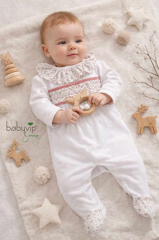 Tutina in felpa garzata organica inserti in cotone organico fantasia floreale e nastrini in velluto