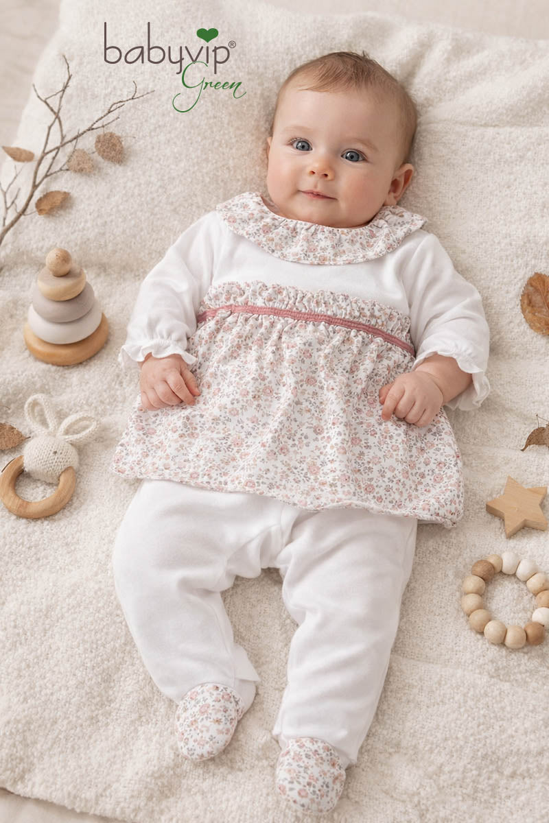 Completo 2 pezzi in felpa garzata e inserti in cotone organico fantasia floreale e nastrino in velluto