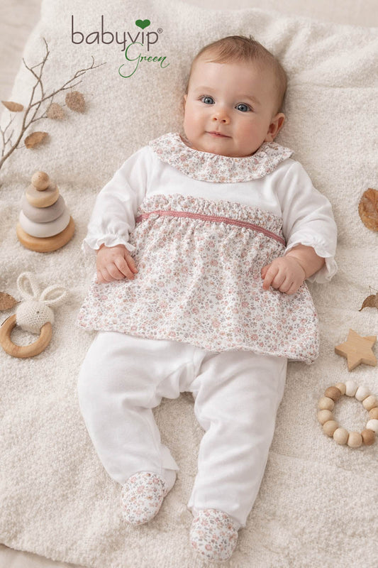 Completo 2 pezzi in felpa garzata e inserti in cotone organico fantasia floreale e nastrino in velluto