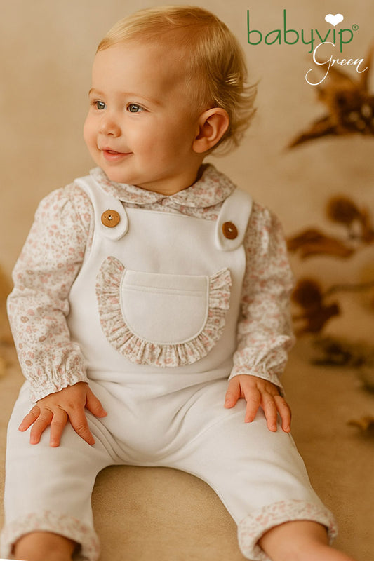 Completo 2 pezzi : Blusa in cotone fantasia floreale + Salopette in felpa garzata con tasca in cotone organico