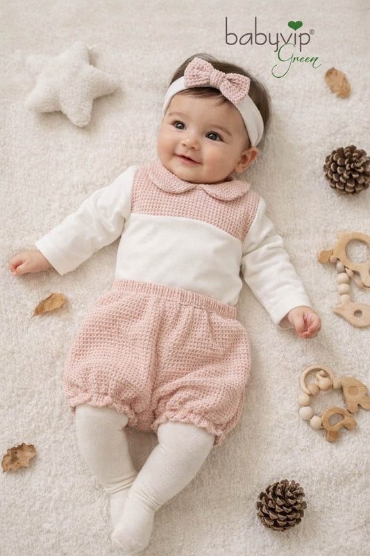 Completo 2 pezzi : Body in caldo cotone organico con colletto a nido d’ape + Pantaloncino a palloncino a nido d’ape in cotone organico