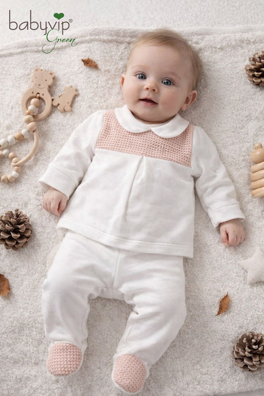 Completo 2 pezzi in felpa garzata organica con inserti in cotone organico a nido d’ape