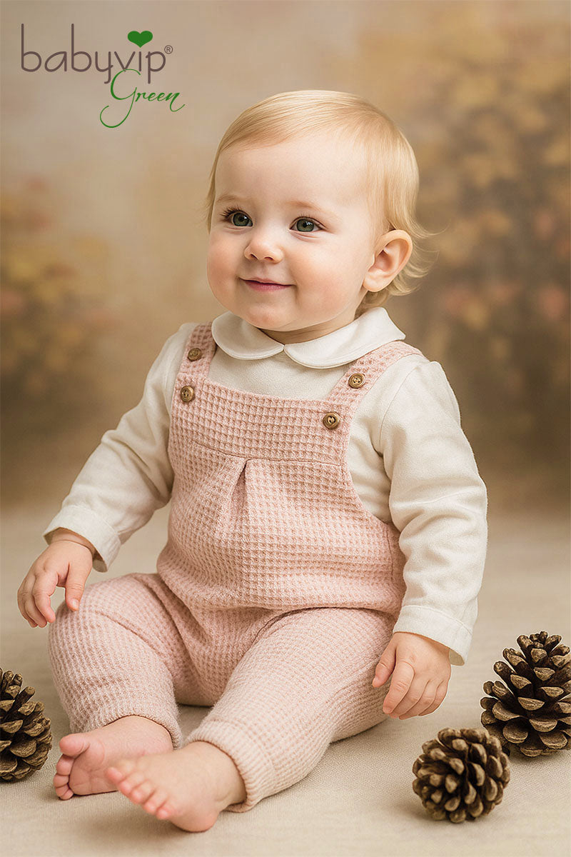 Completo 2 pezzi neonata: Salopette in cotone organico a nido d’ape + Body in caldo cotone organico