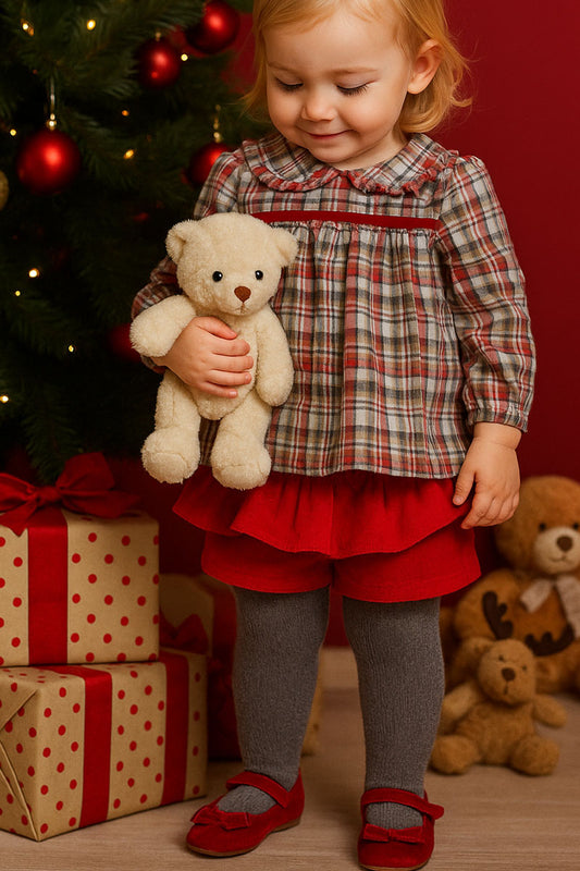 Completo 2 pezzi : camicina in flanella scozzese con colletto + short in vellutino millerighe con balza