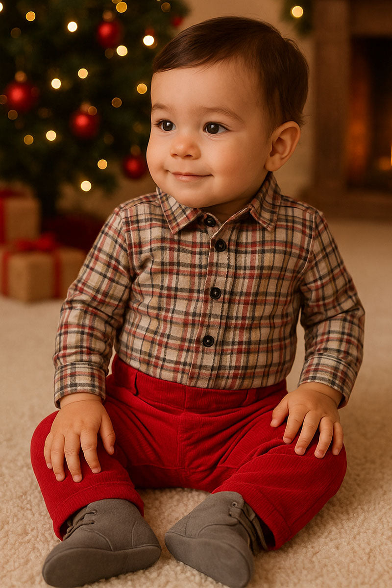 Body a camicia in cotone in flanella scozzese con bottoncini in contrasto