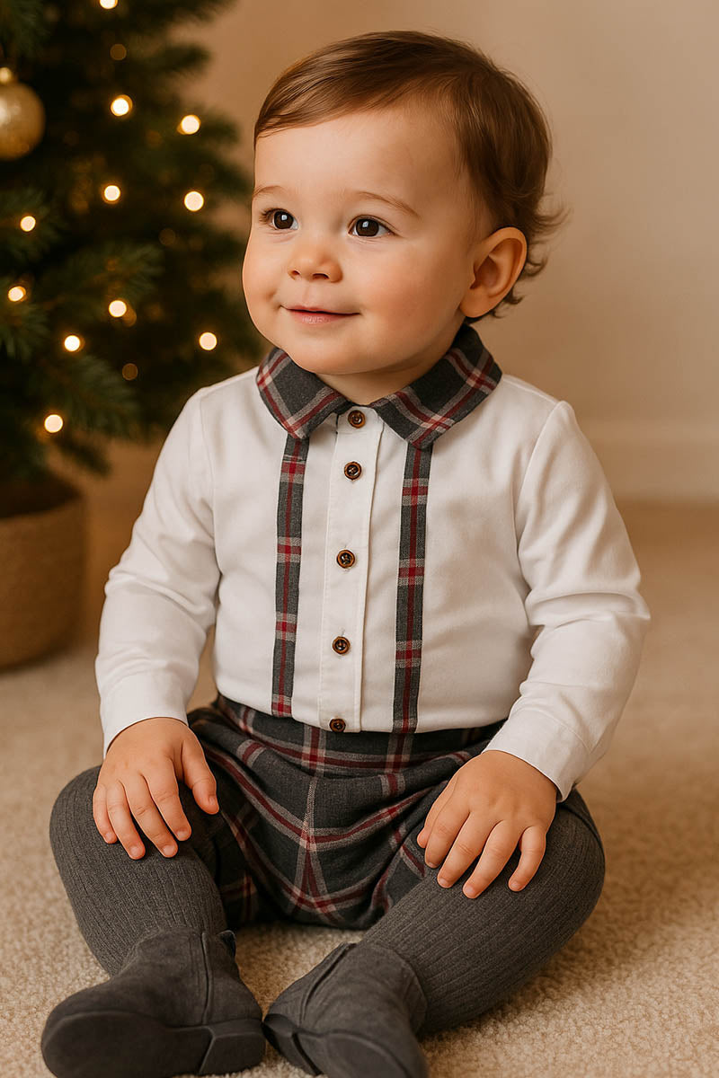 Body a camicia in cotone con colletto a profili in contrasto in flanella a quadri e bottoncini applicati