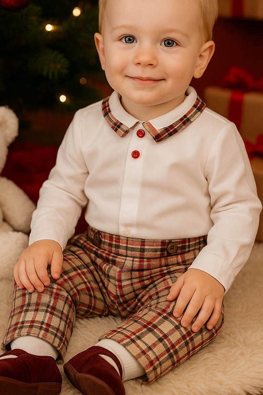 Pantalone in flanella scozzese con pence e bottoni in contrasto