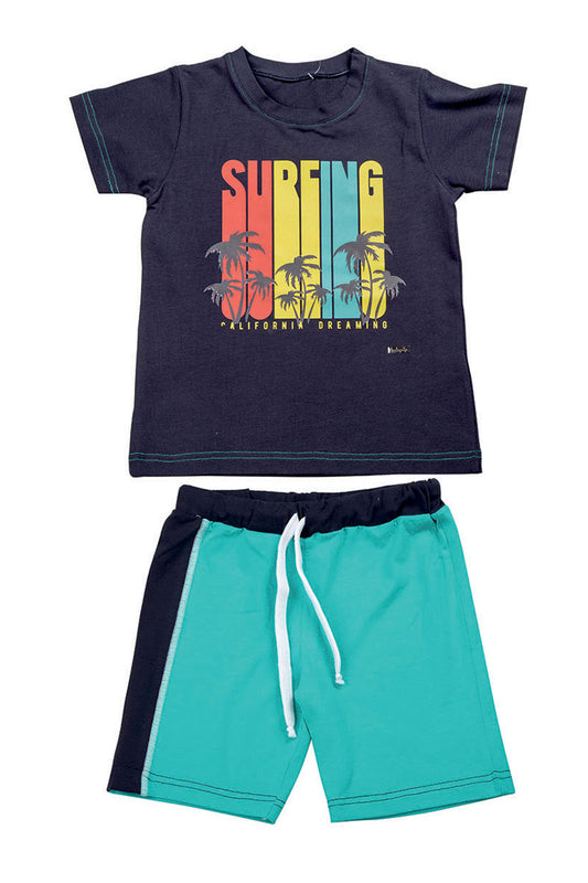Completo mezza manica in cotone elasticizzato con stampa e pantaloncino con fascia laterale e coulisse in contrasto