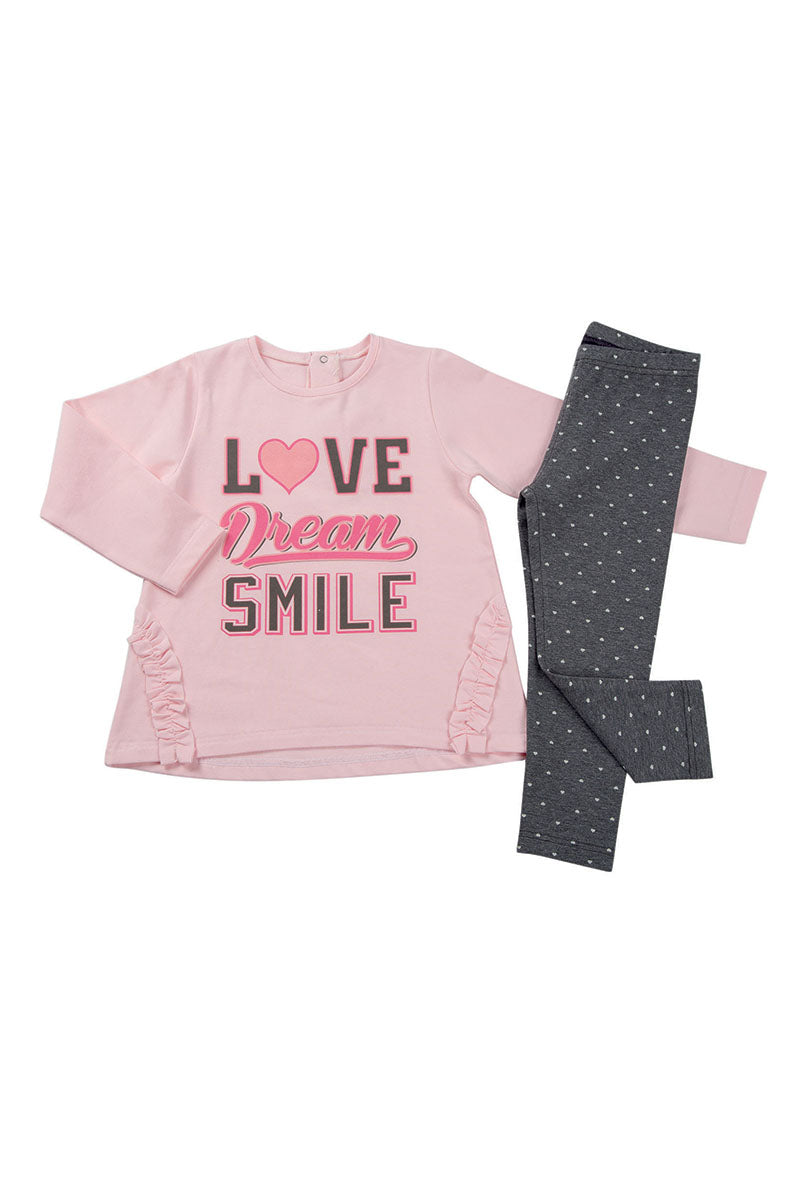 Completo 2 pezzi: T-shirt in cotone elasticizzato garzato con stampa - leggings fantasia cuoricini