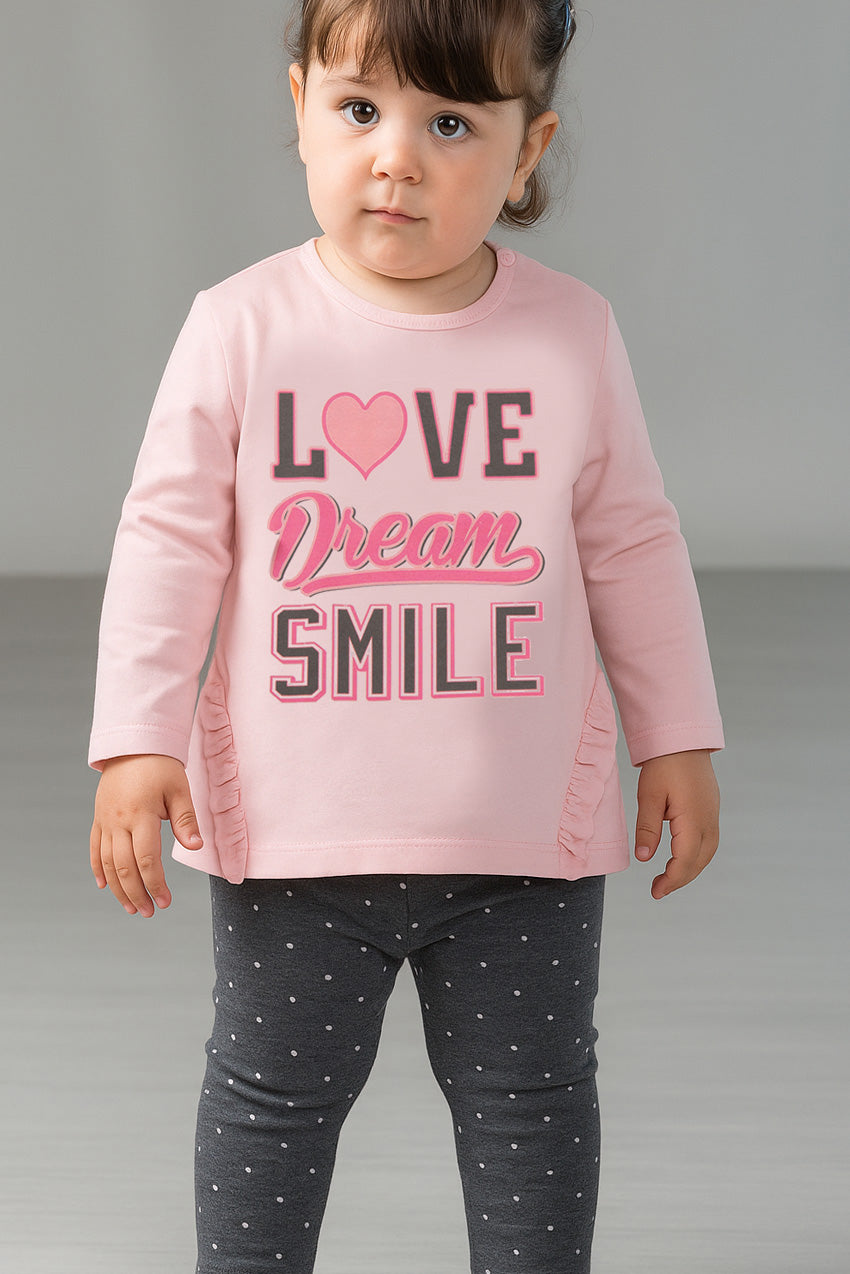 Completo 2 pezzi: T-shirt in cotone elasticizzato garzato con stampa - leggings fantasia cuoricini