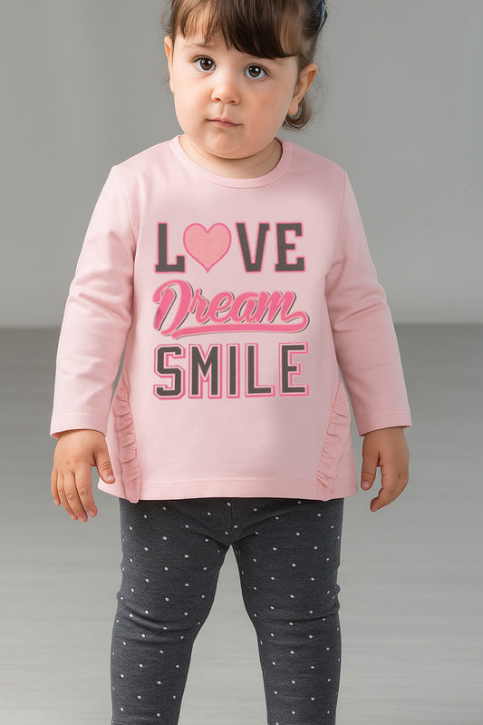 Completo 2 pezzi: T-shirt in cotone elasticizzato garzato con stampa - leggings fantasia cuoricini