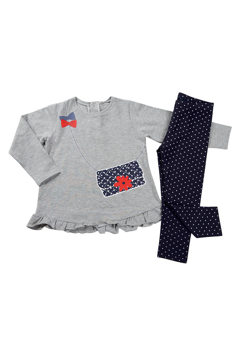 Completo 2 pezzi: T-shirt in cotone elasticizzato garzato con stampa e pantalone a pois