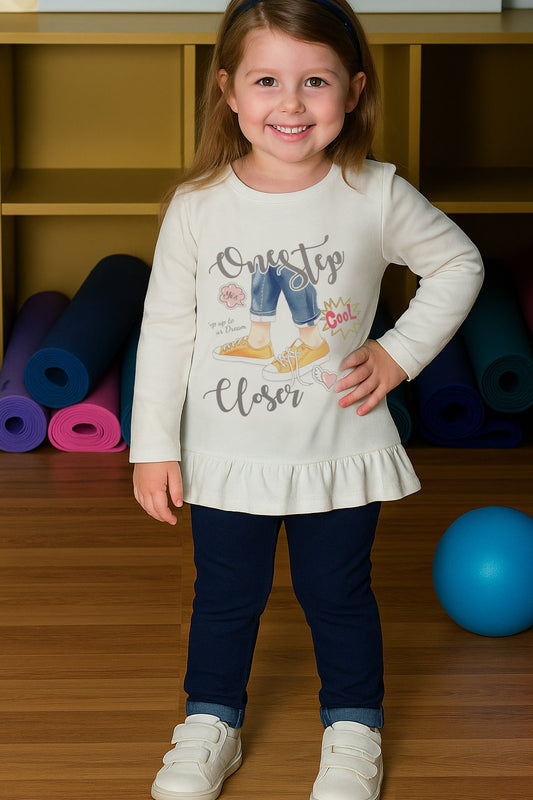Completo 2 pezzi: T-shirt in cotone elasticizzato garzato con stampa - leggings tessuto jeans