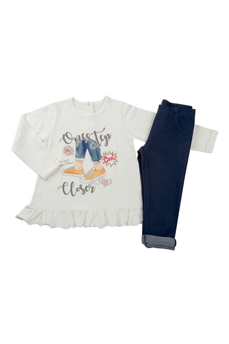 Completo 2 pezzi: T-shirt in cotone elasticizzato garzato con stampa - leggings tessuto jeans