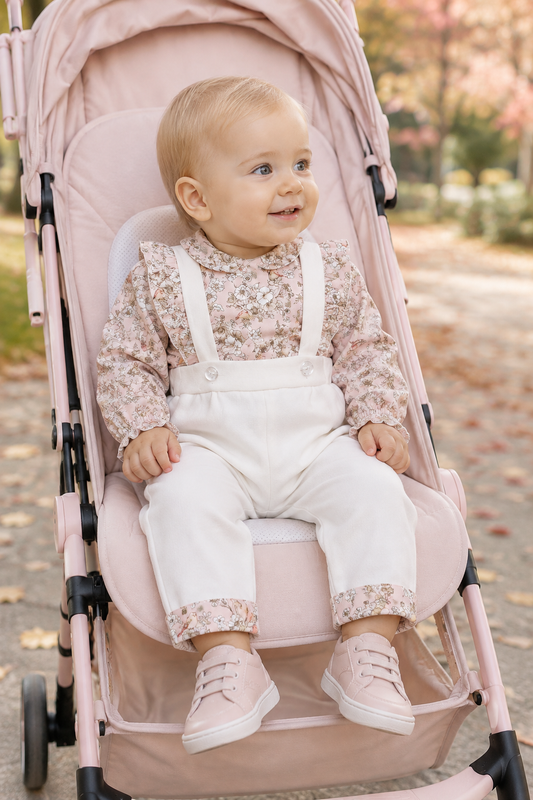 Completo 2 pezzi : Pantalone in velluto con bretelle + body a camicia fantasia