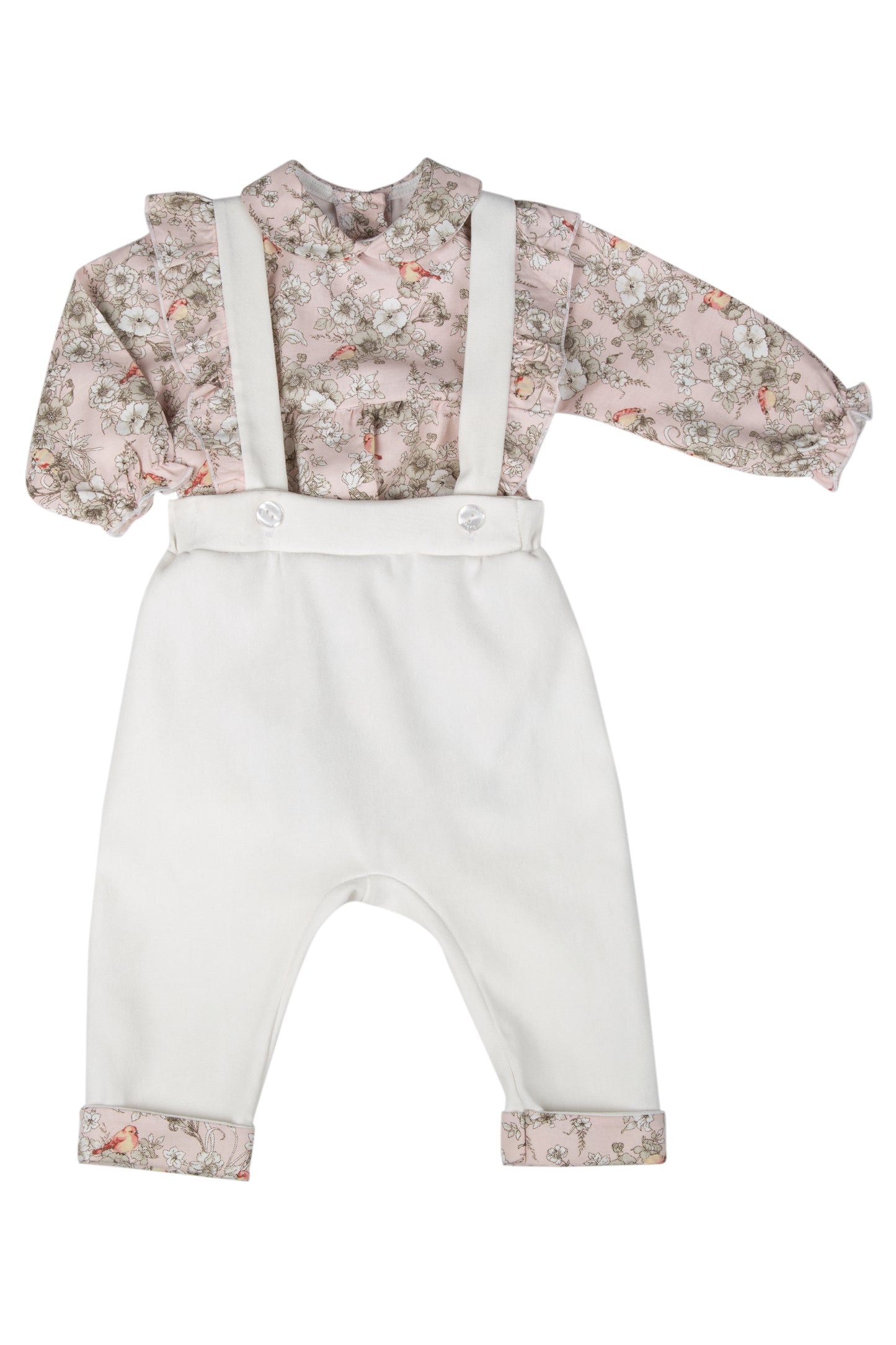 Completo 2 pezzi : Pantalone in velluto con bretelle + body a camicia fantasia