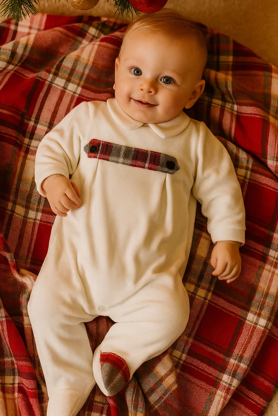 Tutina in ciniglia con pattina applicata in tessuto scozzese