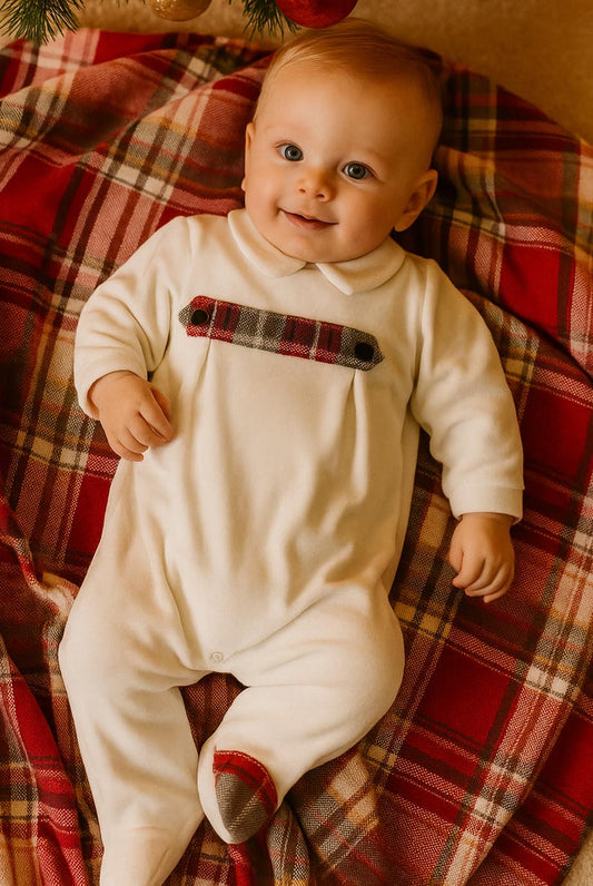 Tutina in ciniglia con pattina applicata in tessuto scozzese