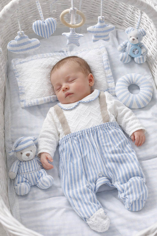 Tutina in tela di cotone ricamato effetto lino rigato con bretelle applicate in tela juta