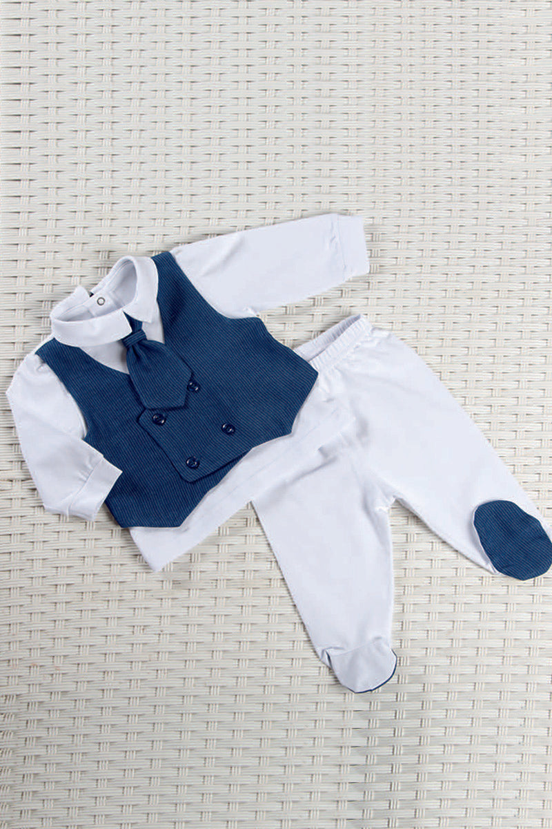 Completo in cotone elasticizzato con gilet doppio petto applicato in tessuto gessato e cravattino