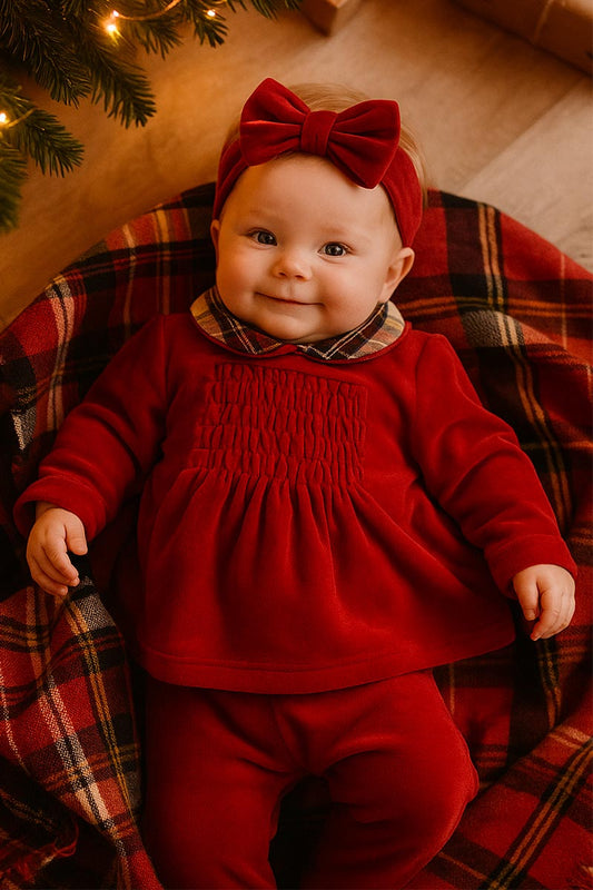 Completo 2 pezzi in ciniglia con punto smock ed inserti in flanella scozzese