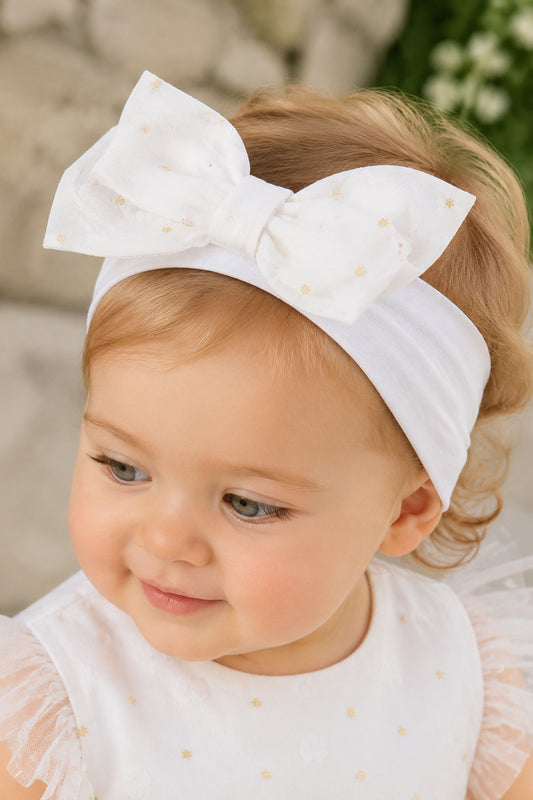 Fascia per capelli  in cotone elasticizzato con fiocco in tulle fantasia pois e glitter