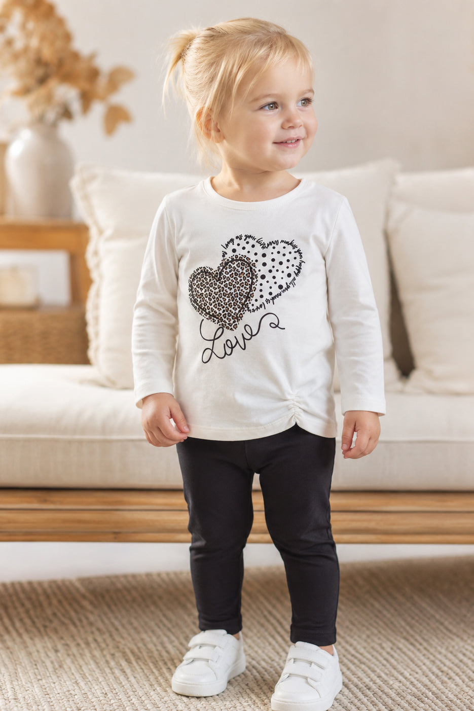 Completo in cotone elasticizzato garzato con stampa e arricciatura sul fondo laterale e leggings in contrasto