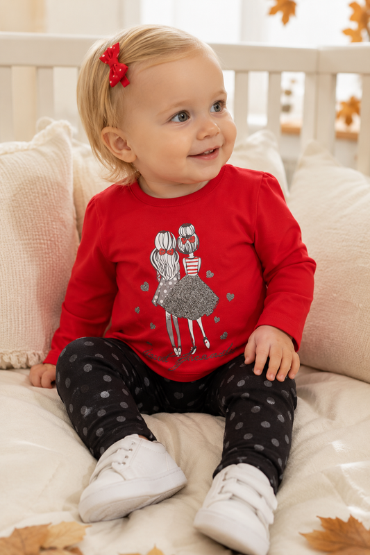 Completo: maglia in cotone elasticizzato garzato con stampa, glitter e leggings con stampa pois glitter