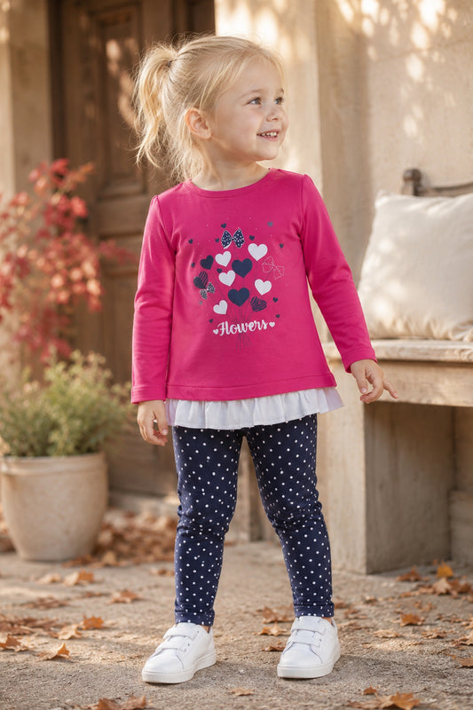 Completo: maglia in cotone elasticizzato garzato con stampa, strass e balza con leggings effetto jeans elasticizzato a pois