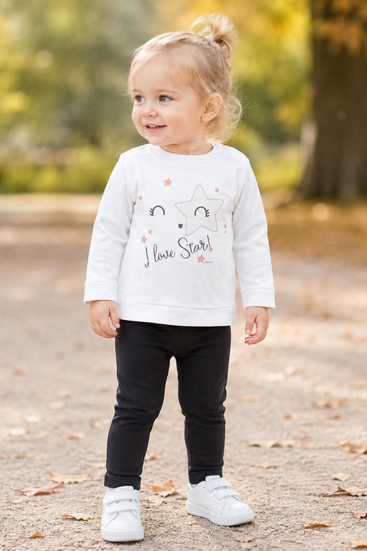 Completo: maglia in cotone con stampa e leggings effetto jeans
