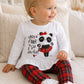 Completo: maglia in cotone elasticizzato garzato con stampa, ricamo, nodino in velluto e leggings fantasia tartan